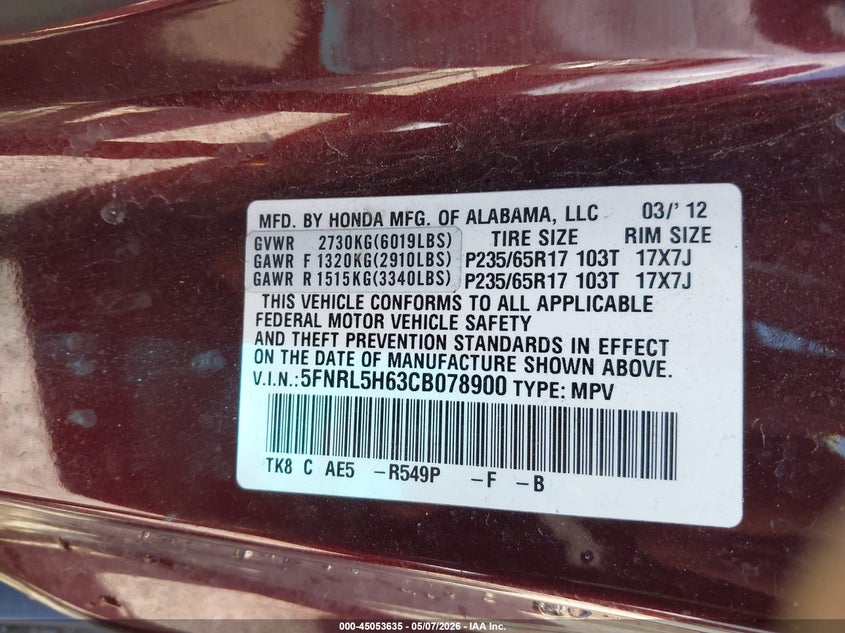 2012 HONDA ODYSSEY VAN 3.5L V-6 VVT, 248HP
