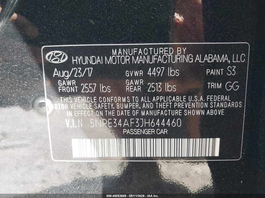 VIN 5NPE34AF3JH644460 2018 HYUNDAI SONATA SEL