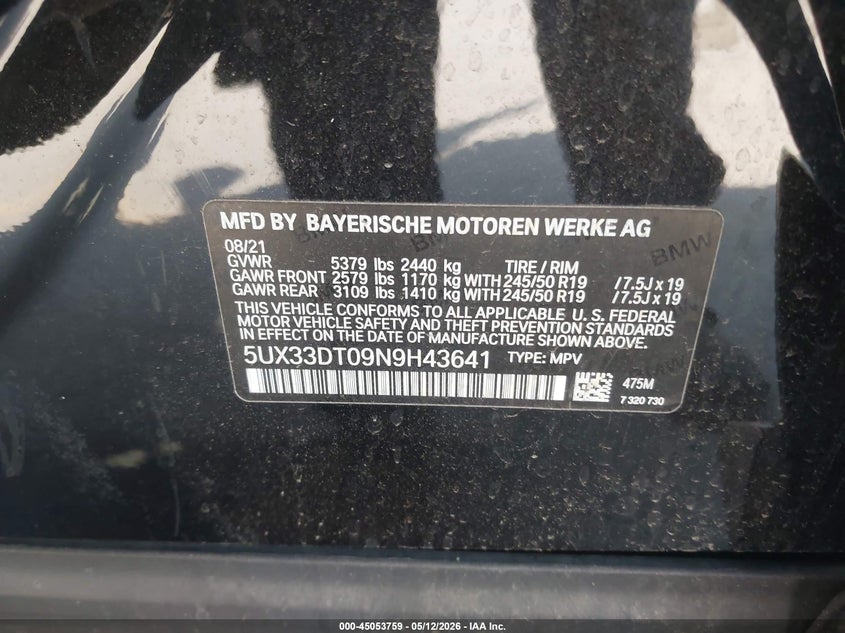 2022 BMW X4 xDrive30I VIN: 5UX33DT09N9H43641 Lot: 45053759