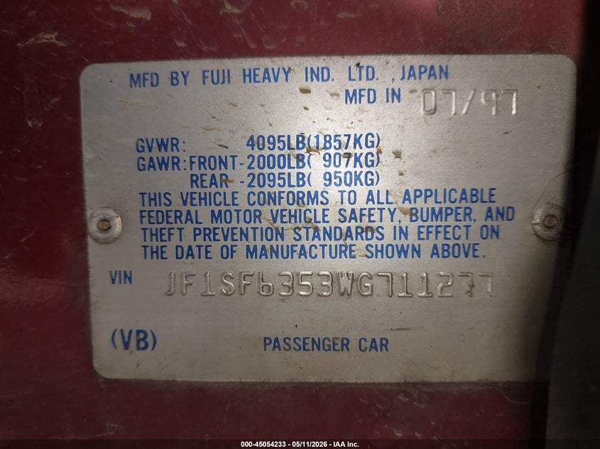 1998 Subaru Forester L VIN: JF1SF6353WG711277 Lot: 45054233