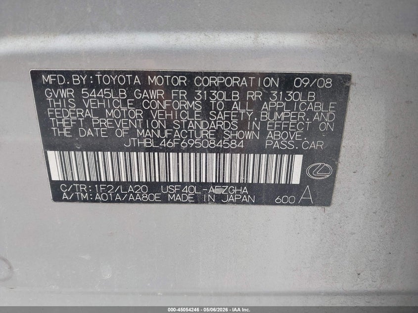 2009 Lexus Ls 460 VIN: JTHBL46F695084584 Lot: 45054246