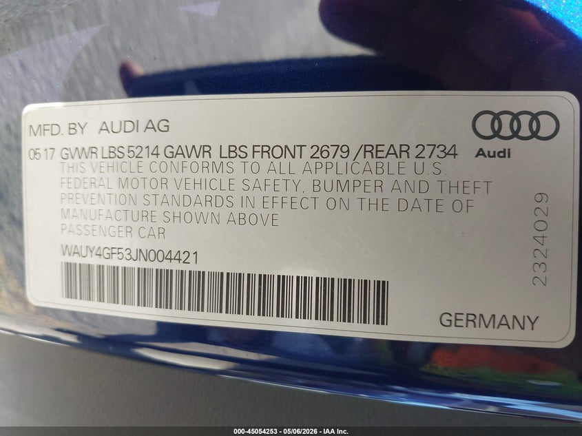 2018 Audi S5 3.0T Premium Plus VIN: WAUY4GF53JN004421 Lot: 45054253