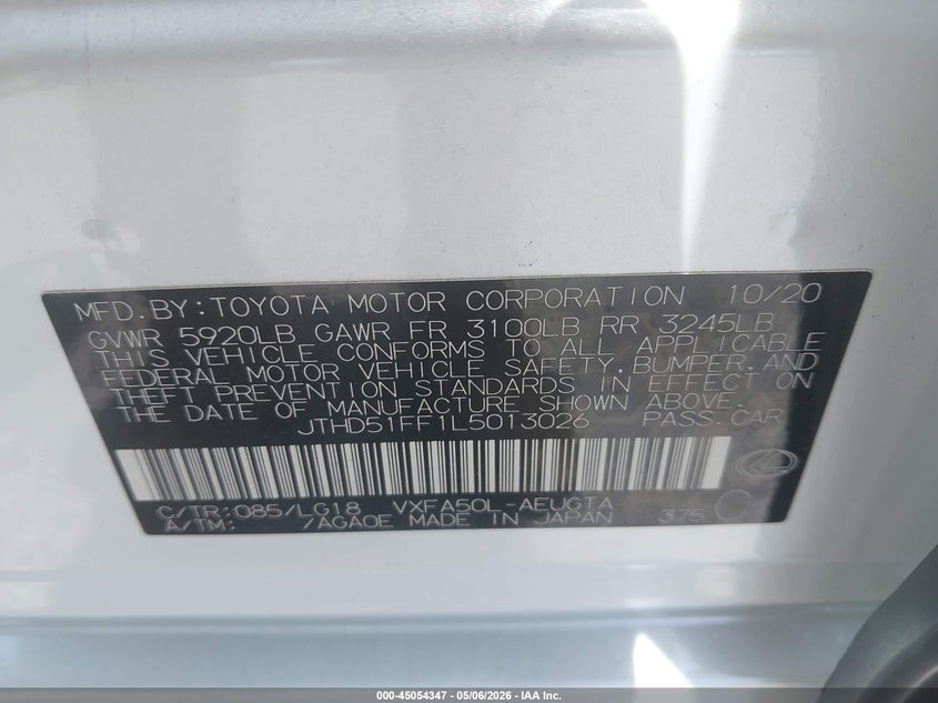 2020 Lexus Ls 500 VIN: JTHD51FF1L5013026 Lot: 45054347