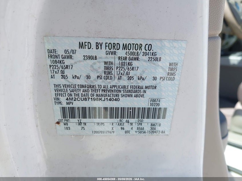 2008 Mercury Mariner Premier VIN: 4M2CU87198KJ14040 Lot: 45054369