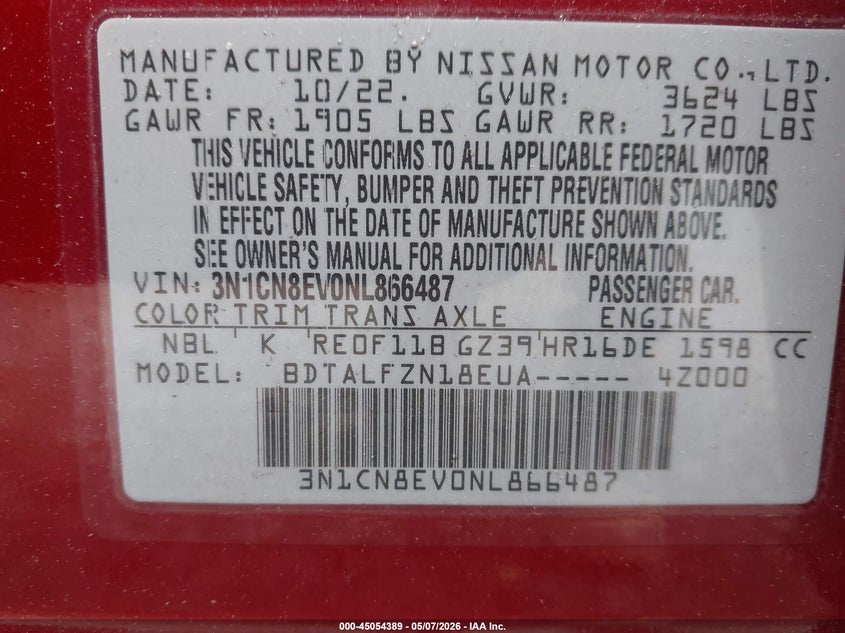 2022 Nissan Versa 1.6 Sv Xtronic Cvt VIN: 3N1CN8EV0NL866487 Lot: 45054389