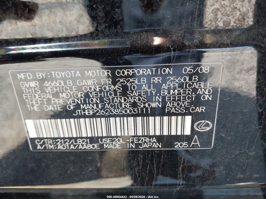 2008 LEXUS IS F SEDAN 5.0L V-8 DI, DOHC, VVT, 416HP