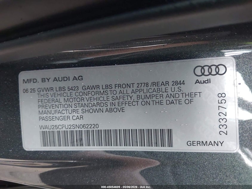 2025 Audi All-New S5 Premium Plus Tfsi Quattro S Tronic VIN: WAU25CFU2SN062220 Lot: 45054609
