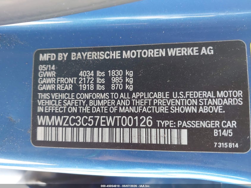 2014 Mini Countryman Cooper S VIN: WMWZC3C57EWT00126 Lot: 45054618