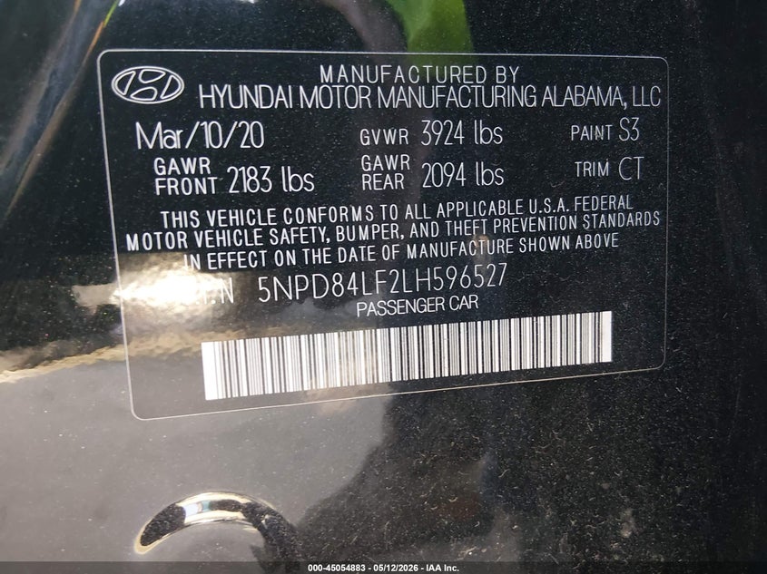 VIN 5NPD84LF2LH596527 2020 HYUNDAI ELANTRA SEL