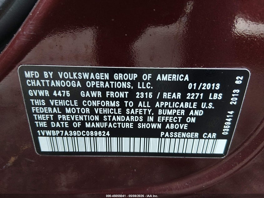 2013 Volkswagen Passat 2.5L Se VIN: 1VWBP7A39DC089624 Lot: 45055041