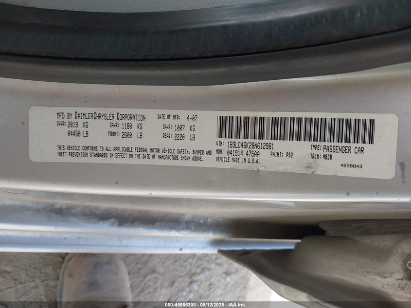 2008 Dodge Avenger Se VIN: 1B3LC46K28N612981 Lot: 45055300
