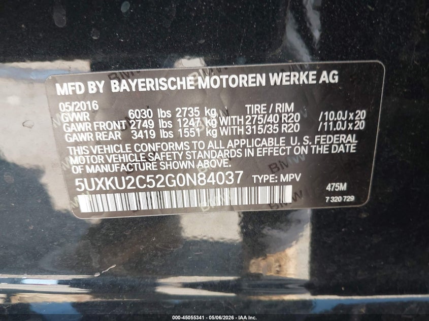 2016 BMW X6 xDrive35I VIN: 5UXKU2C52G0N84037 Lot: 45055341