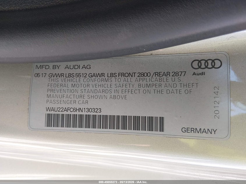 2017 Audi A7 3.0T Premium Plus VIN: WAU22AFC6HN130323 Lot: 45055373
