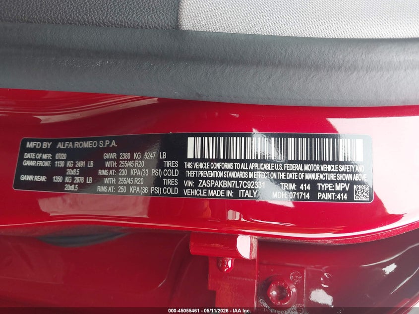 2020 Alfa Romeo Stelvio Ti Awd VIN: ZASPAKBN7L7C92331 Lot: 45055461