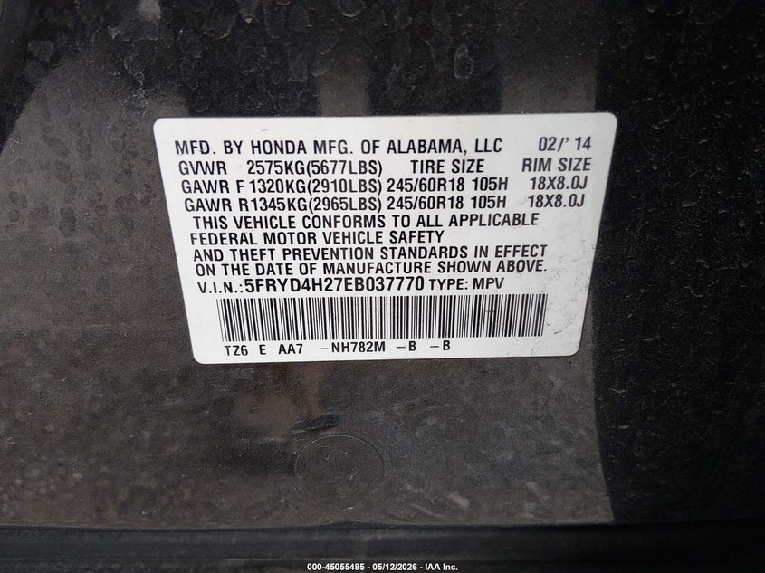 2014 Acura Mdx VIN: 5FRYD4H27EB037770 Lot: 45055485