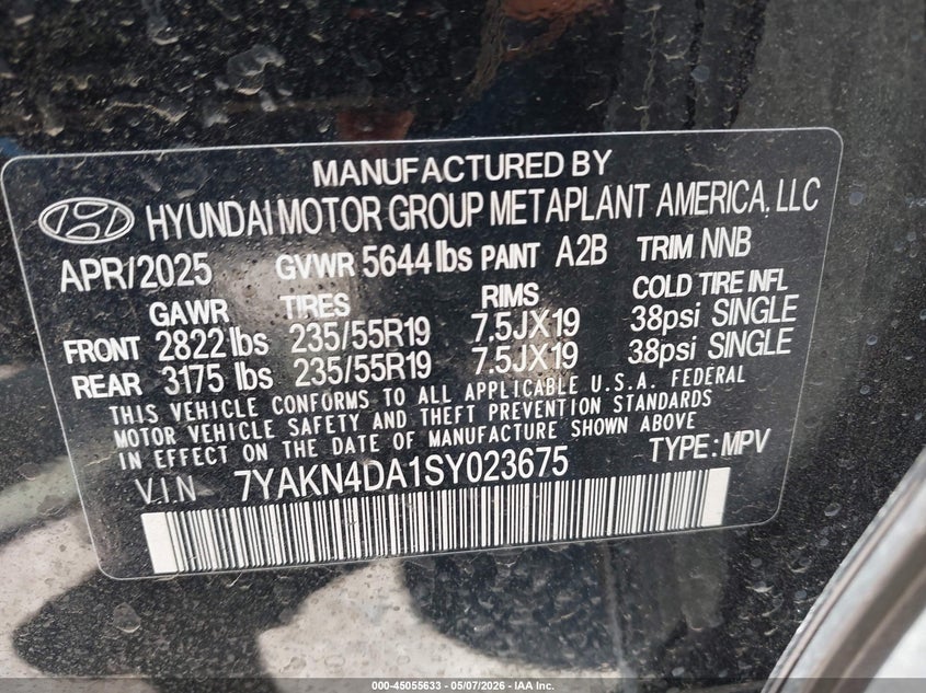 2025 Hyundai Ioniq 5 Sel VIN: 7YAKN4DA1SY023675 Lot: 45055633