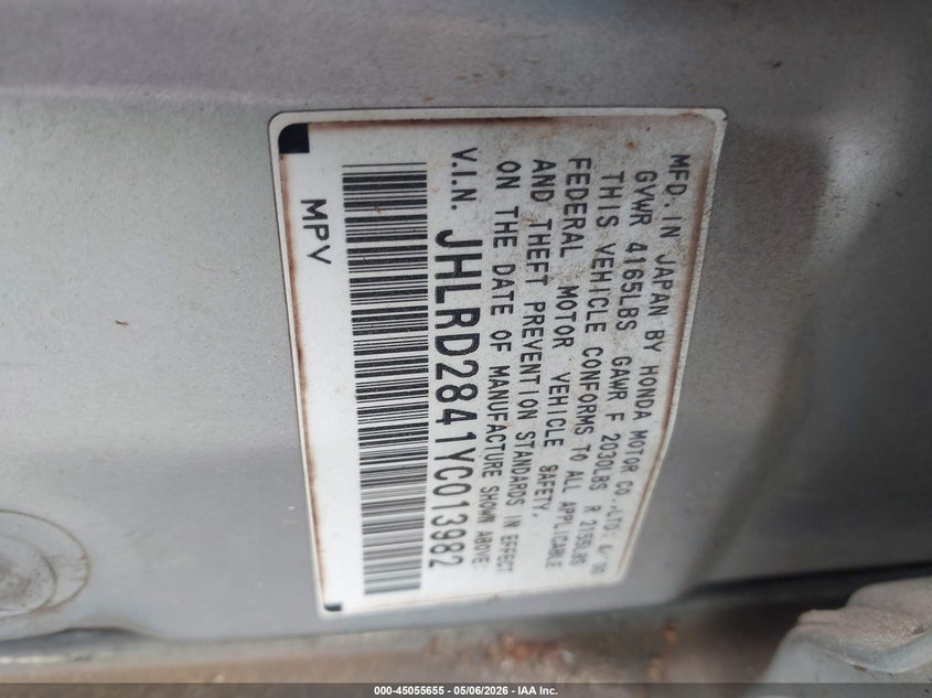 2000 Honda Cr-V Lx VIN: JHLRD2841YC013982 Lot: 45055655