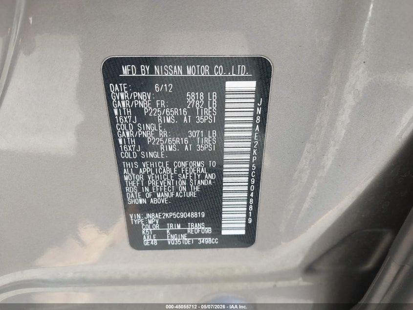 2012 Nissan Quest Sv VIN: JN8AE2KP5C9048819 Lot: 45055712