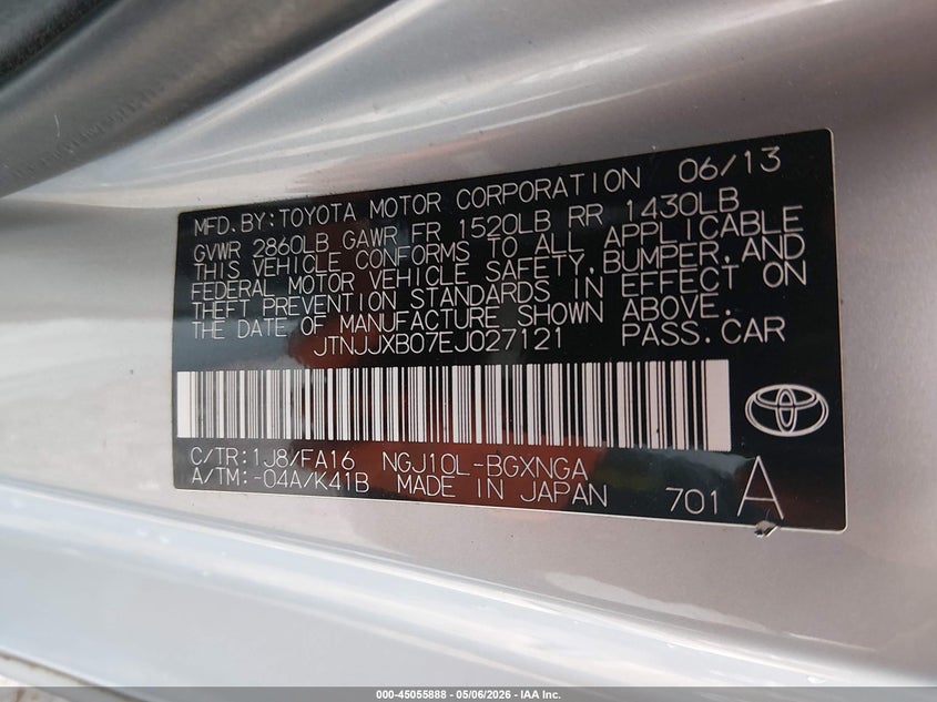 2014 Scion Iq 10 Series VIN: JTNJJXB07EJ027121 Lot: 45055888