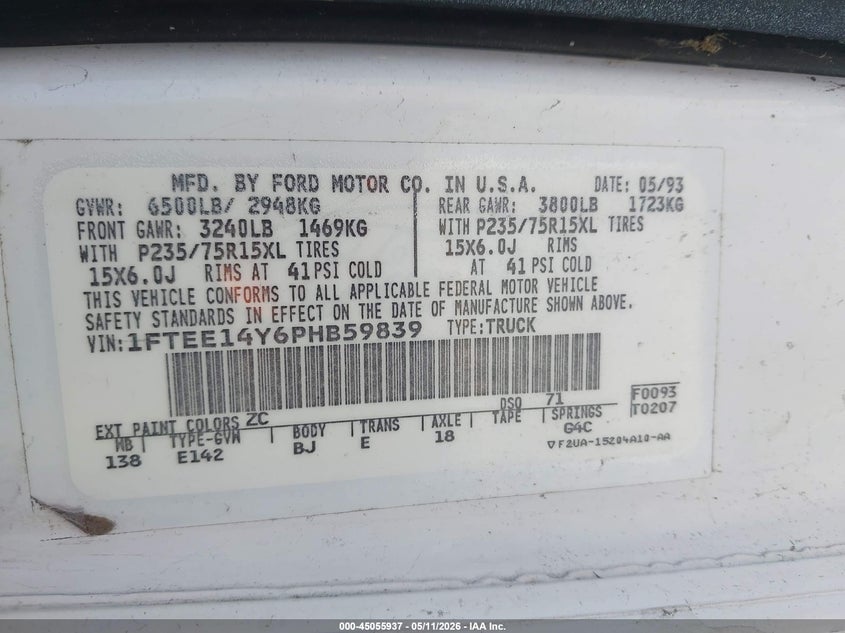 FORD ECONOLINE 1993 VIN 1FTEE14Y6PHB59839
