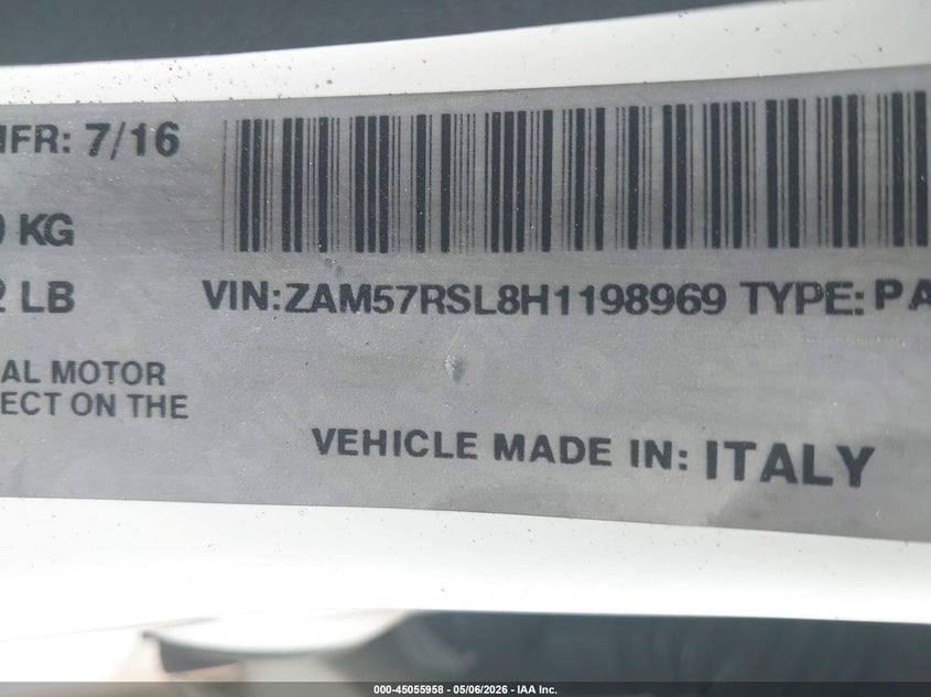 2017 Maserati Ghibli S VIN: ZAM57RSL8H1198969 Lot: 45055958