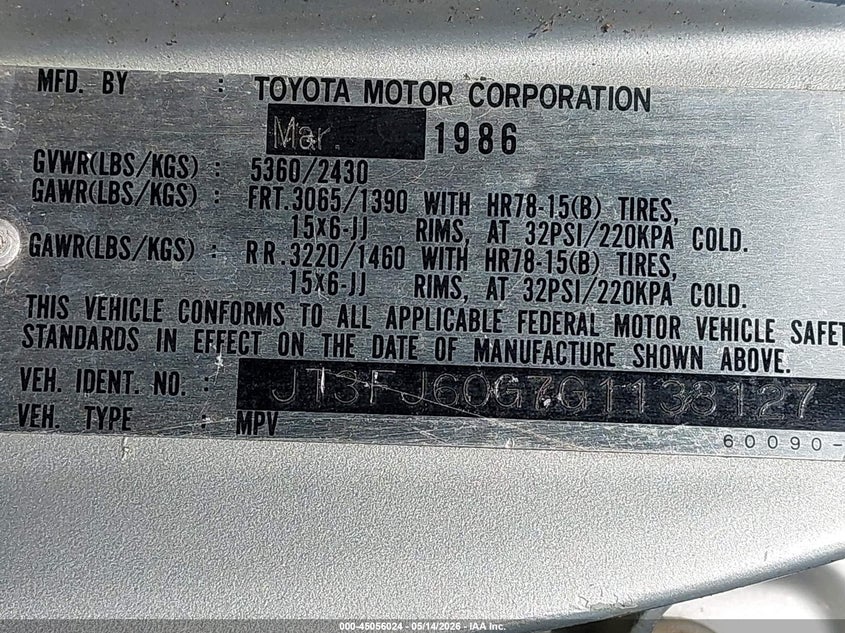 1986 Toyota Land Cruiser Fj60 VIN: JT3FJ60G7G1133127 Lot: 45056024
