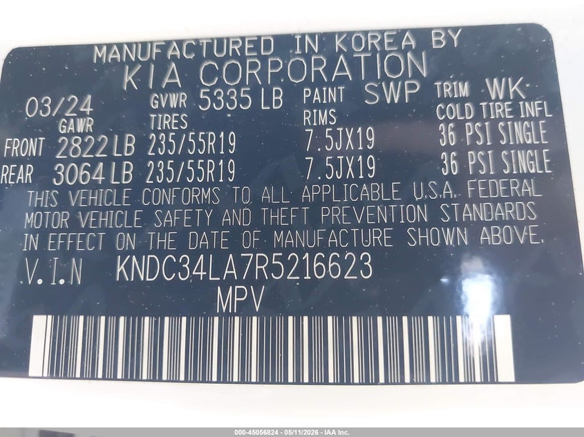 2024 Kia Ev6 Wind VIN: KNDC34LA7R5216623 Lot: 45056824