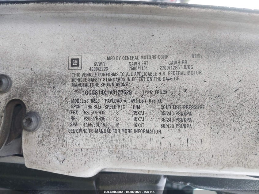 1997 Chevrolet S-10 Fleetside VIN: 1GCCS14X1V8157629 Lot: 45056861