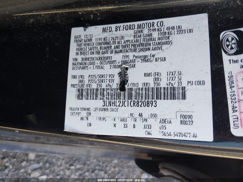2012 Lincoln Mkz VIN: 3LNHL2JC1CR820893 Lot: 45057003