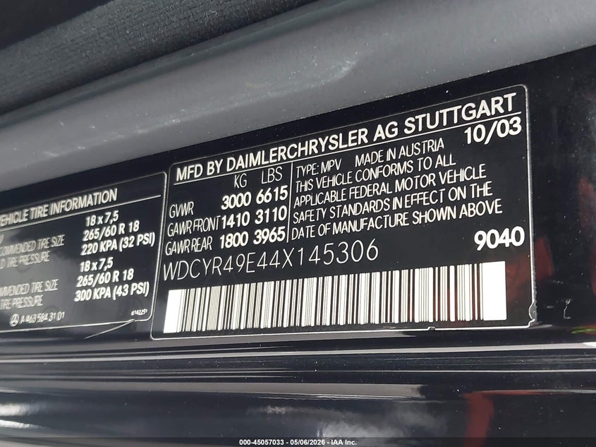2004 Mercedes-Benz G 500 4Matic VIN: WDCYR49E44X145306 Lot: 45057033