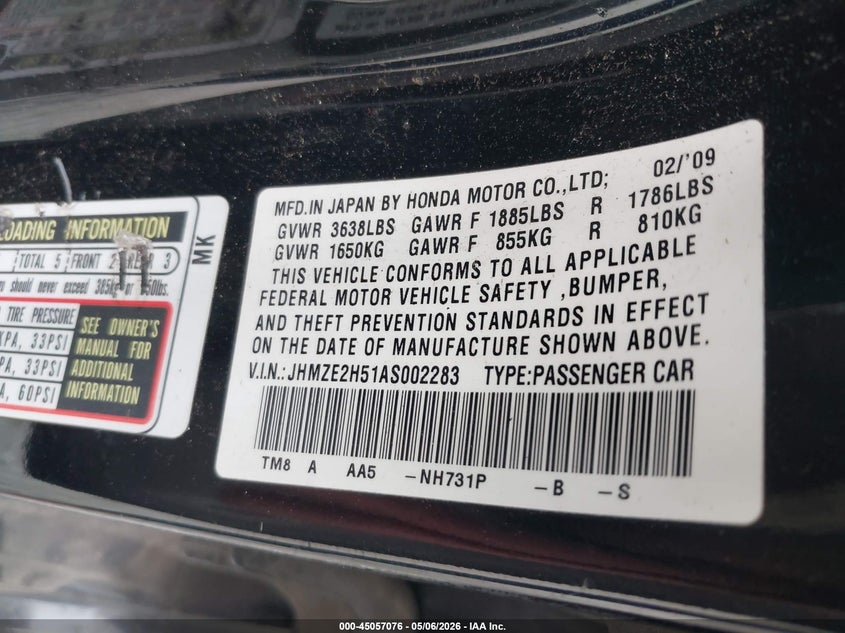 2010 Honda Insight Lx VIN: JHMZE2H51AS002283 Lot: 45057076
