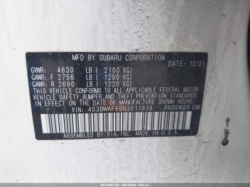 2022 Subaru Legacy Premium VIN: 4S3BWAF66N3011938 Lot: 45057229