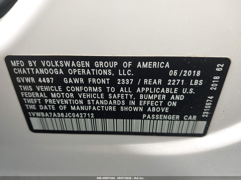 VOLKSWAGEN PASSAT 2018 VIN 1VWBA7A36JC042712
