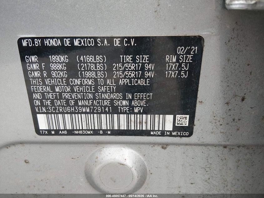 HONDA HR-V 2021 VIN 3CZRU6H39MM729141