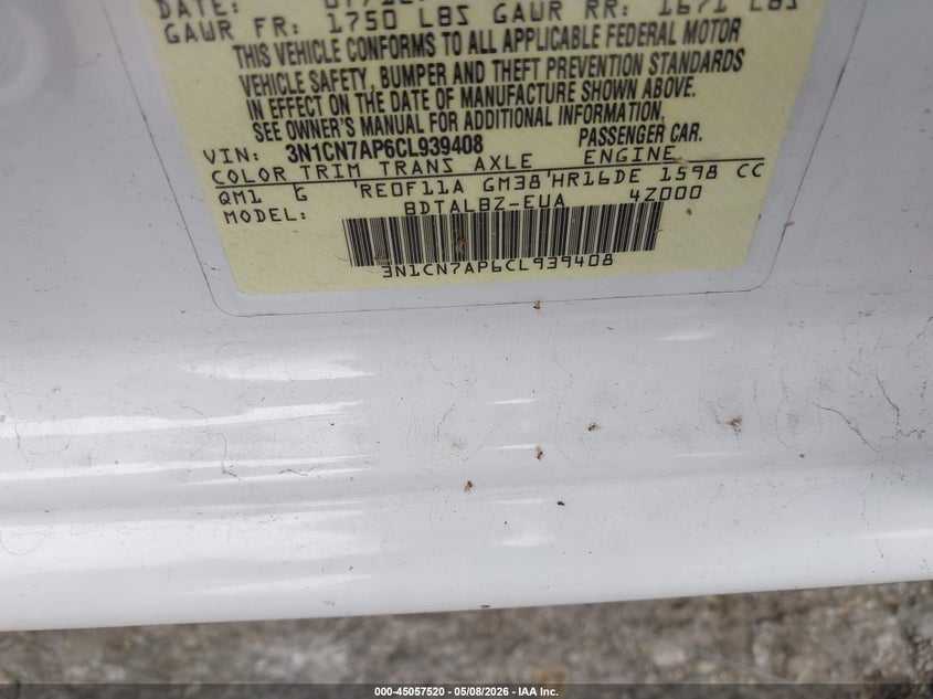 2012 NISSAN VERSA SEDAN 1.6L I-4 DOHC, VVT, 109HP