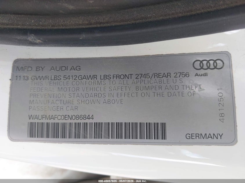 2014 Audi A6 3.0 Tdi Premium Plus VIN: WAUFMAFC0EN086844 Lot: 45057605