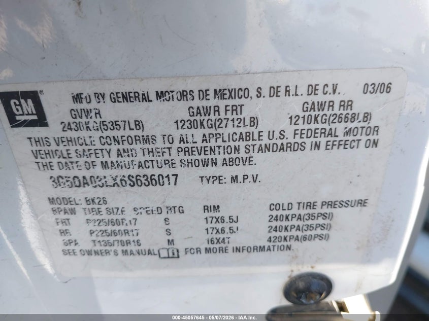 2006 Buick Rendezvous Cx VIN: 3G5DA03LX6S636017 Lot: 45057645