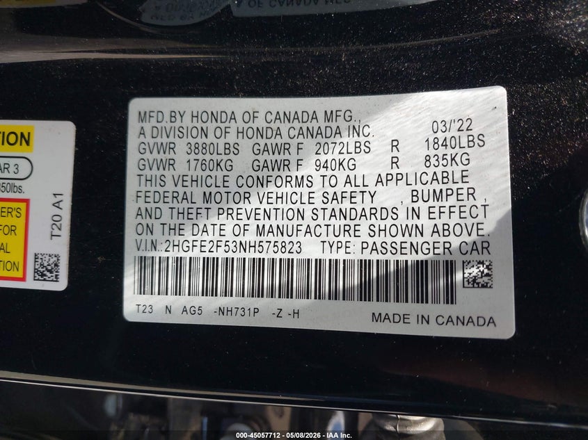 VIN 2HGFE2F53NH575823 2022 HONDA CIVIC SPORT