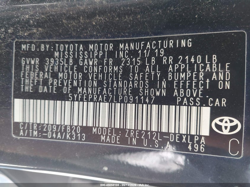 VIN 5YFEPRAE7LP091147 2020 TOYOTA COROLLA LE