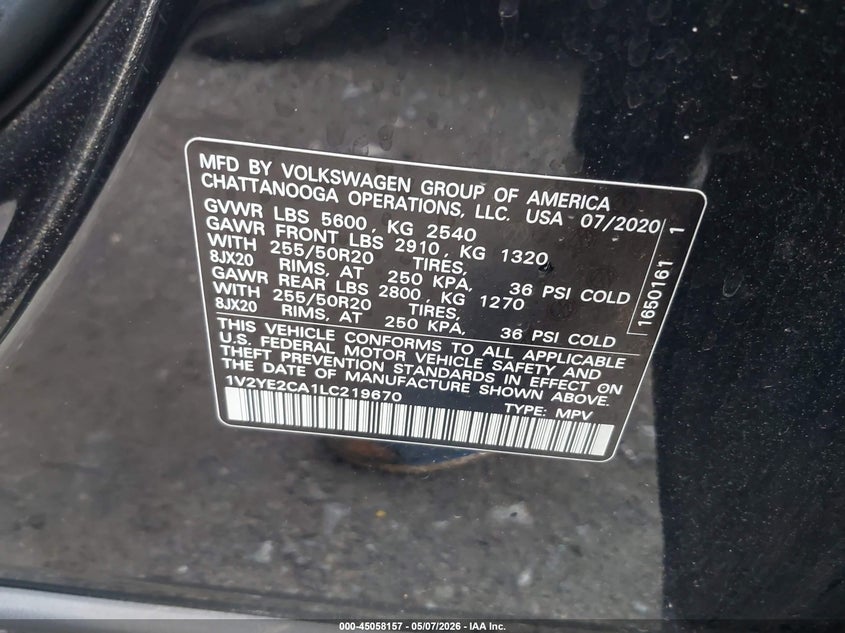 2020 Volkswagen Atlas Cross Sport 3.6L V6 Se W/Technology/3.6L V6 Se W/Technology R-Line VIN: 1V2YE2CA1LC219670 Lot: 45058157