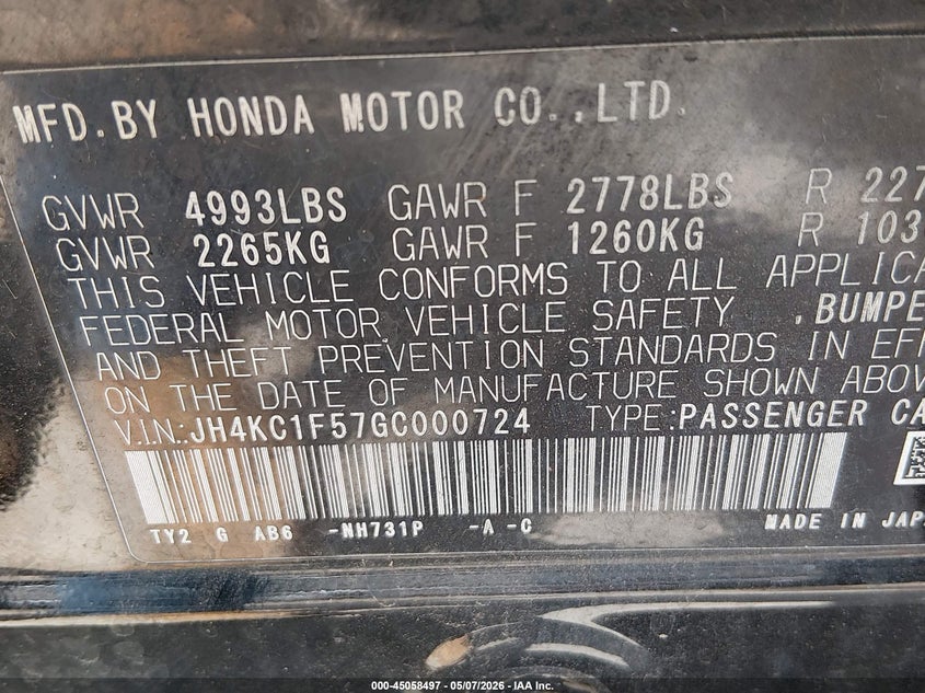 2016 Acura Rlx Technology Package VIN: JH4KC1F57GC000724 Lot: 45058497