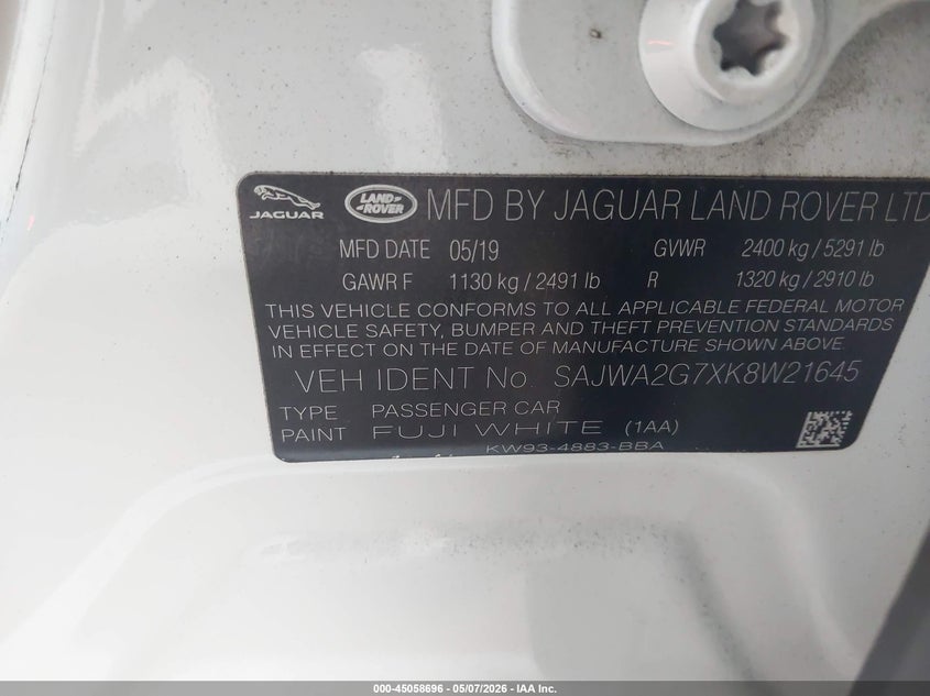 2019 Jaguar Xj Xj50 V6/Xjl Portfolio VIN: SAJWA2G7XK8W21645 Lot: 45058696