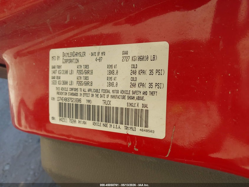2007 Dodge Dakota Slt VIN: 1D7HE48K87S218306 Lot: 45058761