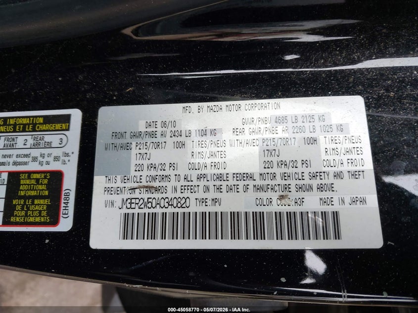 2010 Mazda Cx-7 I Sport VIN: JM3ER2W50A0340820 Lot: 45058770