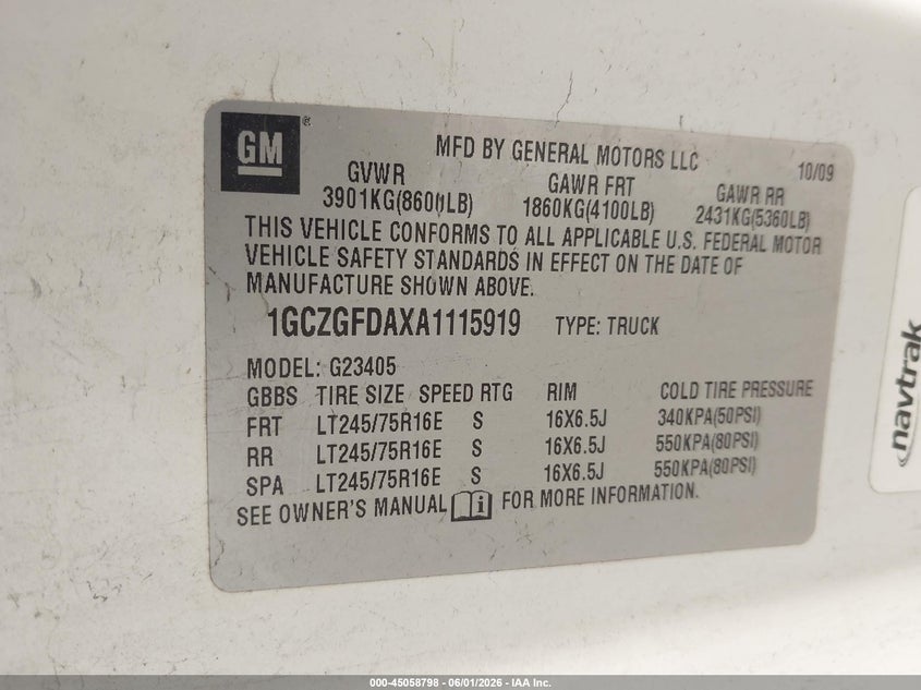 2010 Chevrolet Express 2500 Work Van VIN: 1GCZGFDAXA1115919 Lot: 45058798