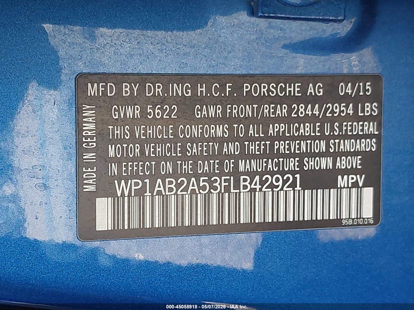 2015 Porsche Macan S VIN: WP1AB2A53FLB42921 Lot: 45058918