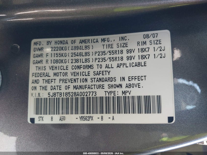 2008 Acura Rdx VIN: 5J8TB18528A002773 Lot: 45058933
