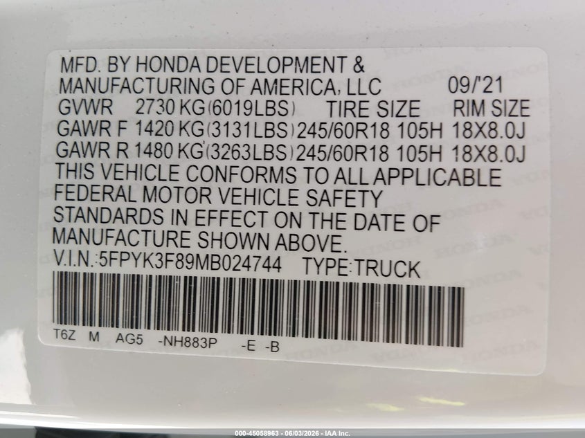 2021 Honda Ridgeline Black Edition VIN: 5FPYK3F89MB024744 Lot: 45058963