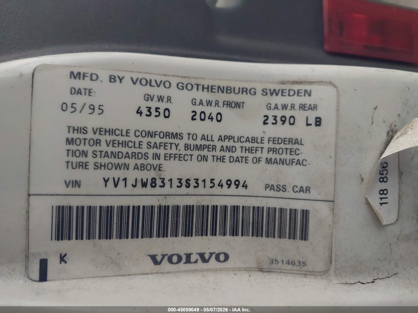 1995 Volvo 940 VIN: YV1JW8313S3154994 Lot: 45059049