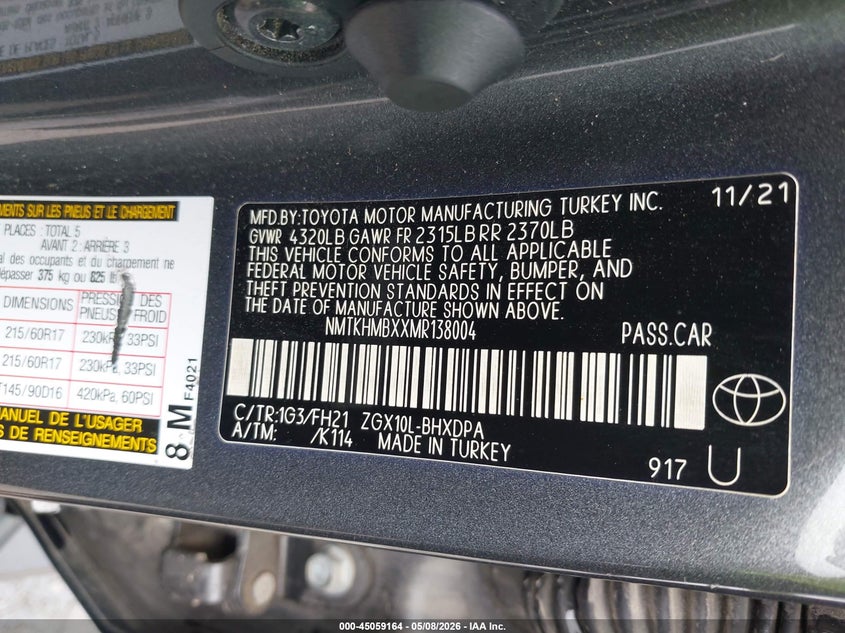 2021 Toyota C-Hr Le VIN: NMTKHMBXXMR138004 Lot: 45059164